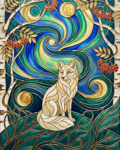 Diamond painting featuring a fox sitting amid the forest and a swirling sky, surrounded by golden and green tones.