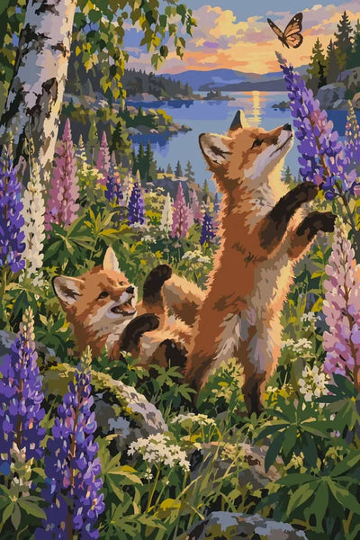 Two fox cubs in wildflower meadow by lake paint by numbers
