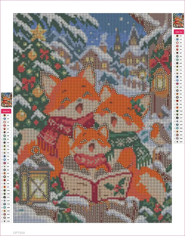 Diamond painting adhesive canvas preview - Fox Family Christmas Carols