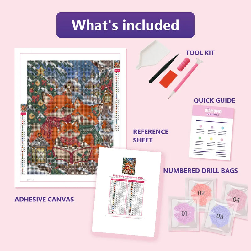 What is included in the Fox Family Christmas Carols diamond painting kit - adhesive canvas, reference sheet, tools and numbered drill bags