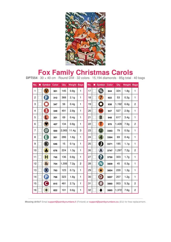 DMC color chart for Fox Family Christmas Carols diamond painting - 32 colors