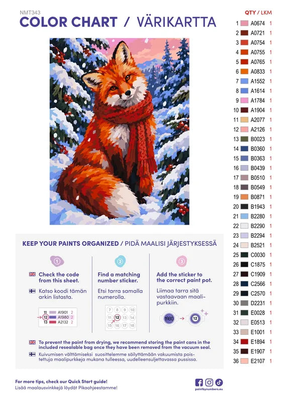 Paint color chart and instructions - Fox in a Red Scarf 30x40cm