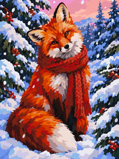 Fox with red scarf in snowy forest paint by numbers