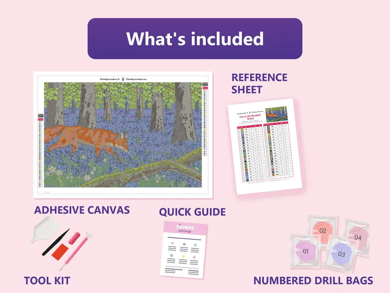 What is included in the Fox in the Bluebell Wood diamond painting kit - adhesive canvas, reference sheet, tools and numbered drill bags