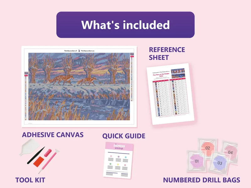 What is included in the Fox Pair on the Polder Dyke diamond painting kit - adhesive canvas, reference sheet, tools and numbered drill bags