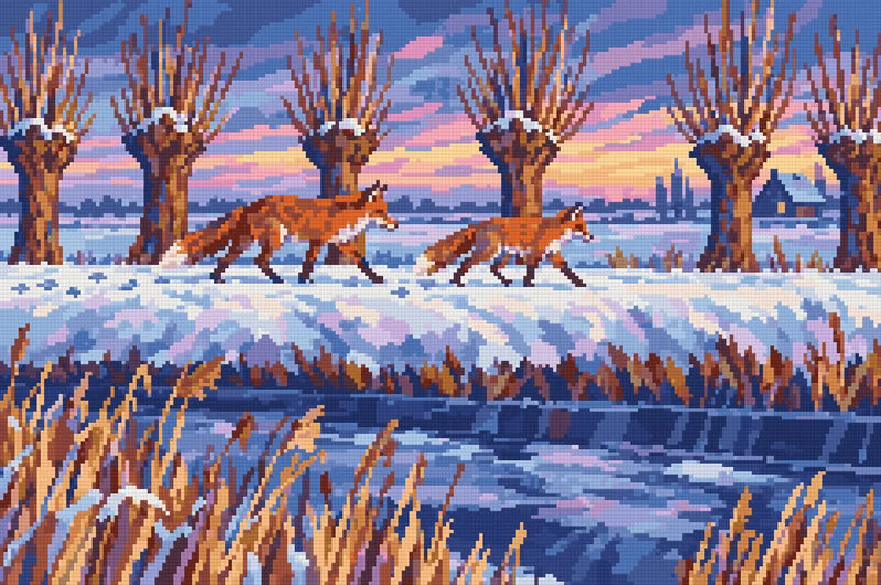 Fox Pair on the Polder Dyke, 60x40 cm diamond painting – finished design preview