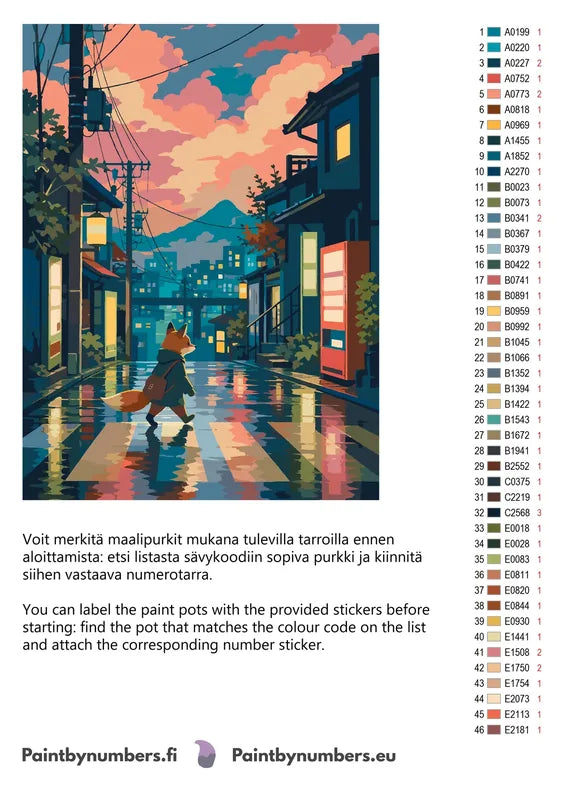 Color chart and instructions - Fox Walking in City Street 60x80cm