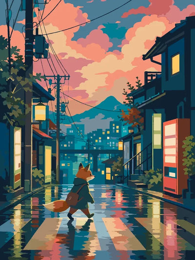 The fox walks on a rainy city street Paint By Numbers.