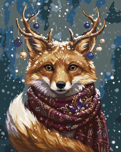 Fox with antlers and a scarf Paint By Numbers. Snowy background and decorative baubles.