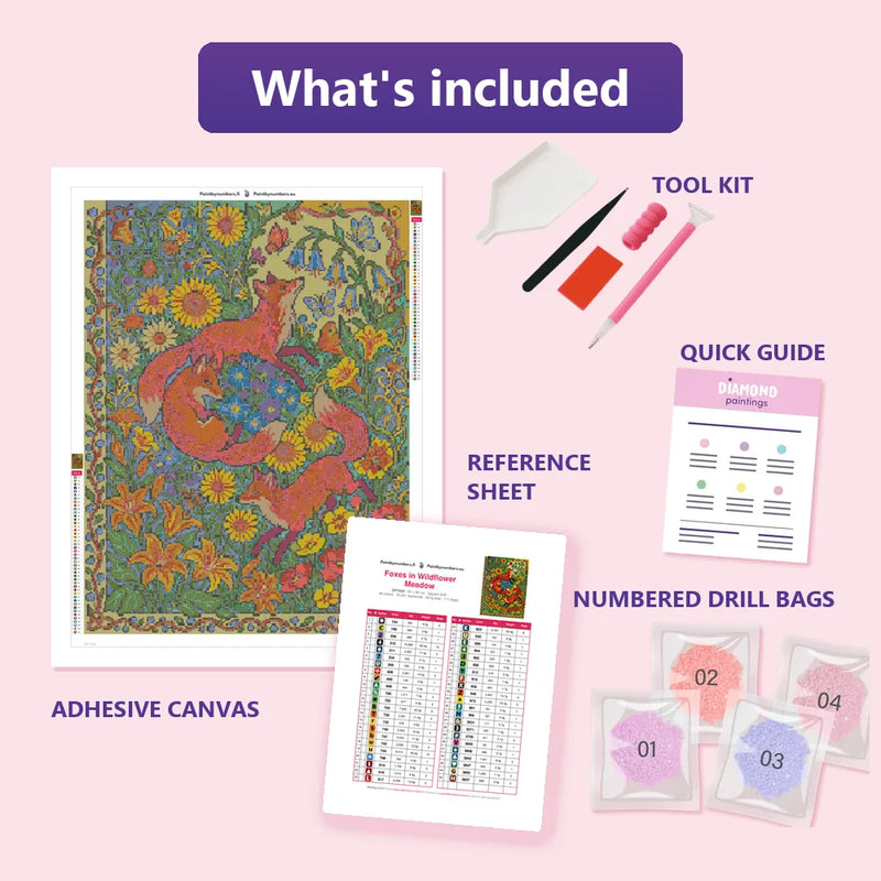 What is included in the Foxes in Wildflower Meadow diamond painting kit - adhesive canvas, reference sheet, tools and numbered drill bags