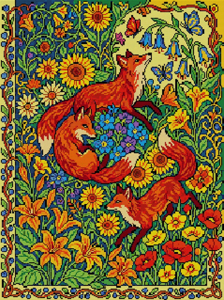 Foxes in Wildflower Meadow, 60x80 cm diamond painting – full design preview without the close-up inset