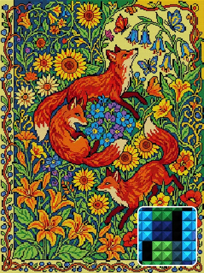 Foxes in Wildflower Meadow, 60x80 cm diamond painting – finished design preview with a close-up of square drills