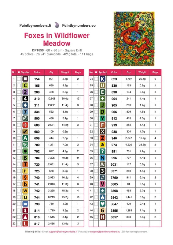 DMC color chart for Foxes in Wildflower Meadow diamond painting - 45 colors