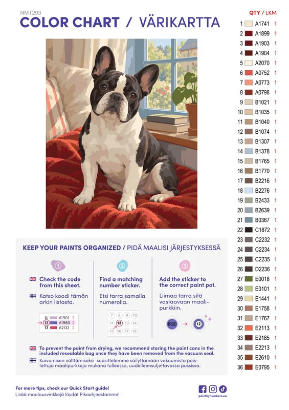 Paint color chart and instructions - French Bulldog Reading Nook 40x50cm
