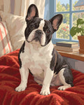 Thumbnail for French bulldog on sofa paint by numbers, with window and garden in background.