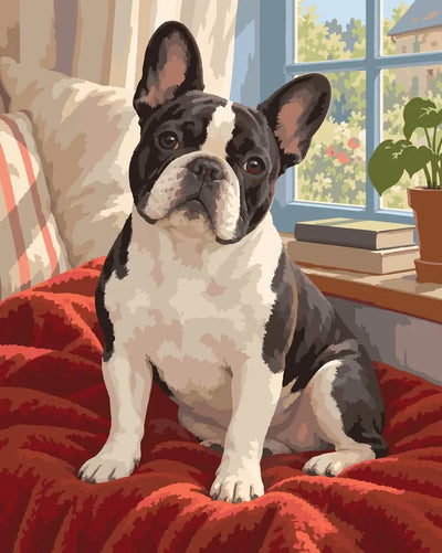 French bulldog on sofa paint by numbers, with window and garden in background.