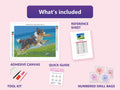 Thumbnail for Frisbee Dog 40x30cm diamond painting kit contents: adhesive canvas, color chart, tools and diamond bags