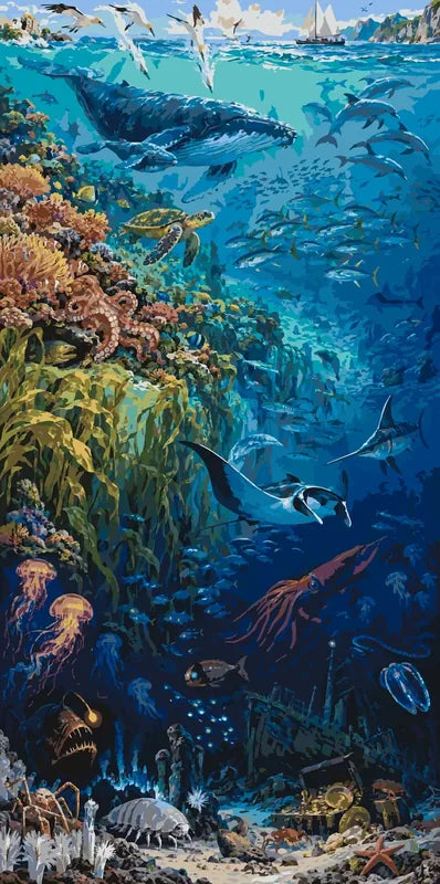 Ocean animals, coral reef and shipwreck paint by numbers. Colorful scene.