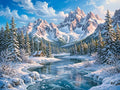 Thumbnail for Diamond painting of a wintry cottage landscape, snowy trees and mountains