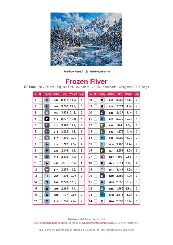 Frozen River diamond painting color chart – 34 DMC colors
