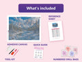 Thumbnail for Frozen River 80x60cm diamond painting kit contents: adhesive canvas, color chart, tools and diamond bags