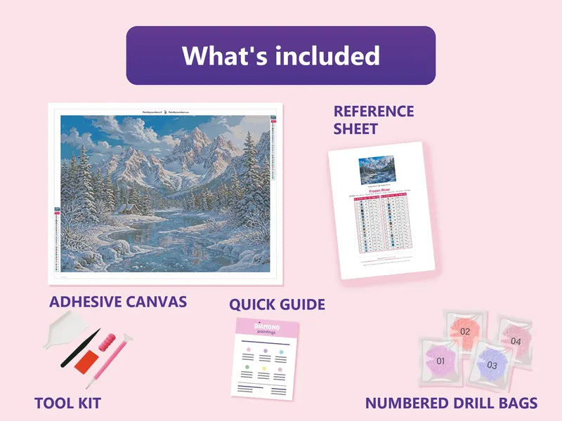 Frozen River 80x60cm diamond painting kit contents: adhesive canvas, color chart, tools and diamond bags