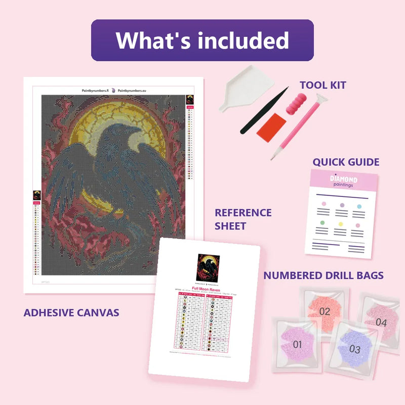 What is included in the Full Moon Raven diamond painting kit - adhesive canvas, reference sheet, tools and numbered drill bags