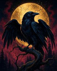 Thumbnail for Diamond Painting of a black raven on a branch with a full moon and red sky background.