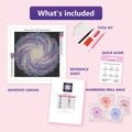 Thumbnail for Galactic Swirl 30x30cm diamond painting kit contents: adhesive canvas, color chart, tools and diamond bags