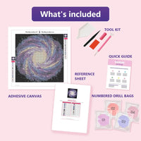 Thumbnail for Galactic Swirl 30x30cm diamond painting kit contents: adhesive canvas, color chart, tools and diamond bags