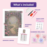 Thumbnail for Garden Pathway 40x60cm diamond painting kit contents: adhesive canvas, color chart, tools and diamond bags