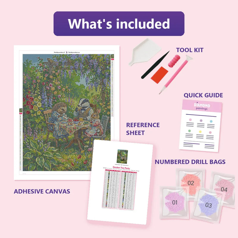 What is included in the Garden Tea Party diamond painting kit - adhesive canvas, reference sheet, tools and numbered drill bags