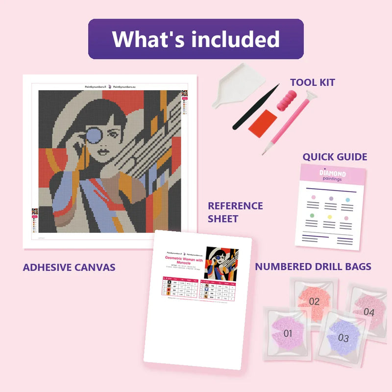 What is included in the Geometric Woman with Monocle diamond painting kit - adhesive canvas, reference sheet, tools and numbered drill bags