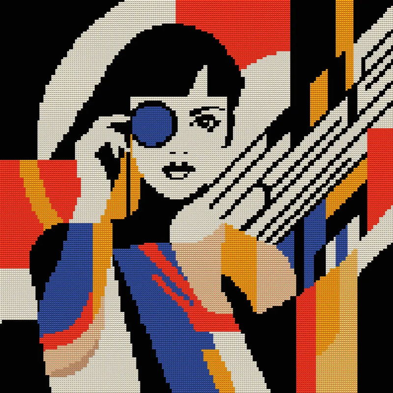 Geometric Woman with Monocle, 50x50 cm diamond painting – full design preview without the close-up inset