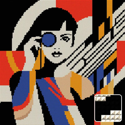 Geometric Woman with Monocle, 50x50 cm diamond painting – finished design preview with a close-up of square drills