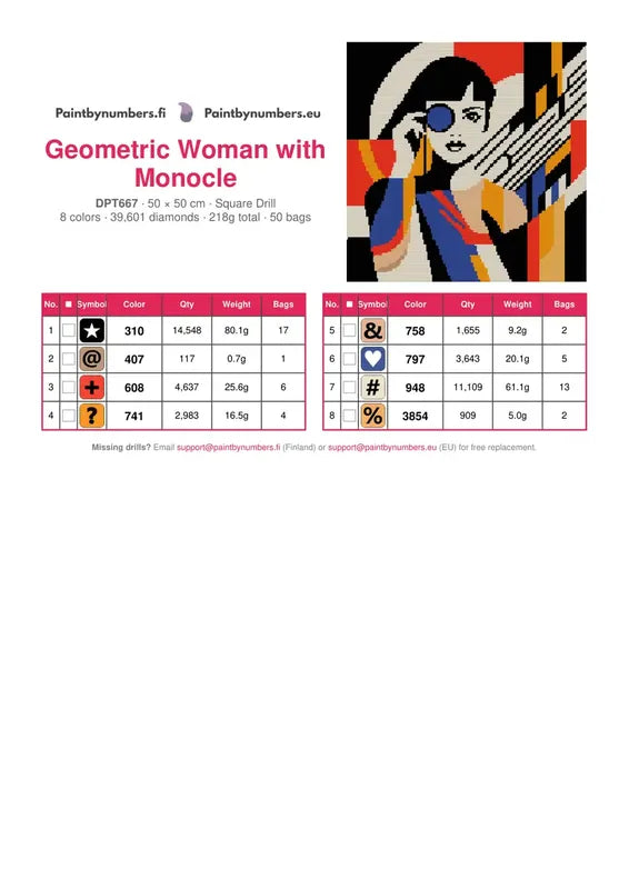 DMC color chart for Geometric Woman with Monocle diamond painting - 8 colors