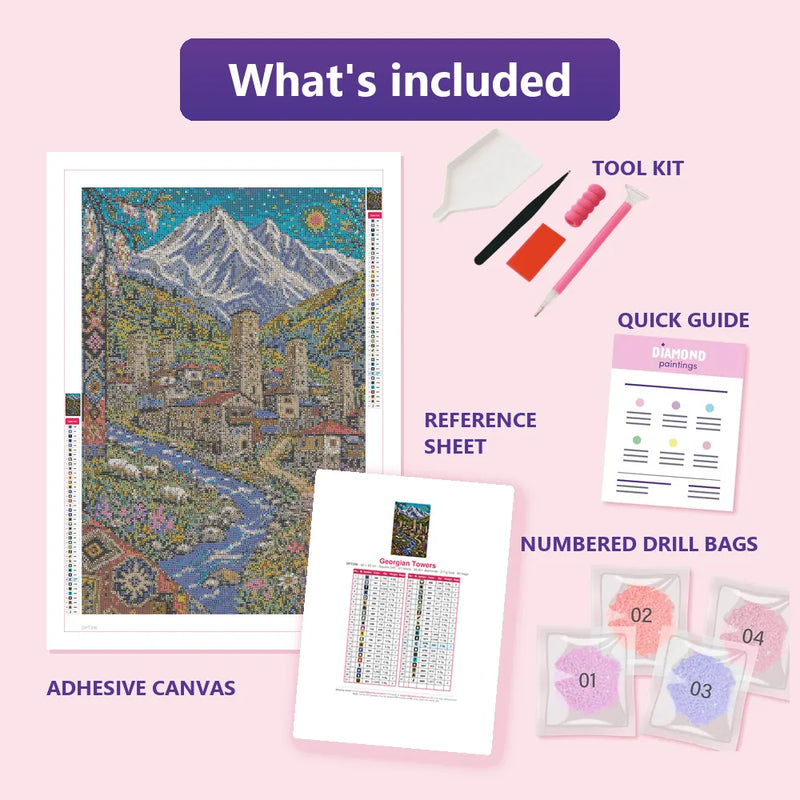 What is included in the Georgian Towers diamond painting kit - adhesive canvas, reference sheet, tools and numbered drill bags