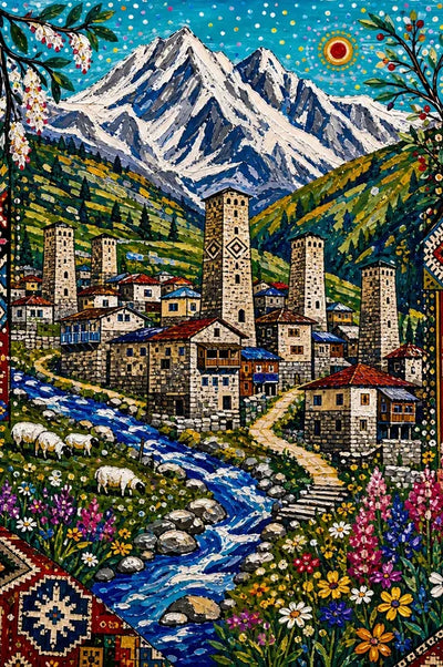 Diamond Painting of a mountain village with stone towers, snowy peaks, flowers, and a flowing stream