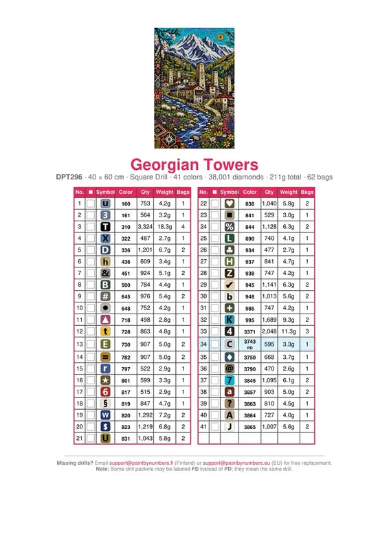 DMC color chart for Georgian Towers diamond painting - 41 colors