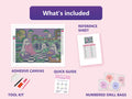Thumbnail for What is included in the Ghosts at the Laundromat diamond painting kit - adhesive canvas, reference sheet, tools and numbered drill bags