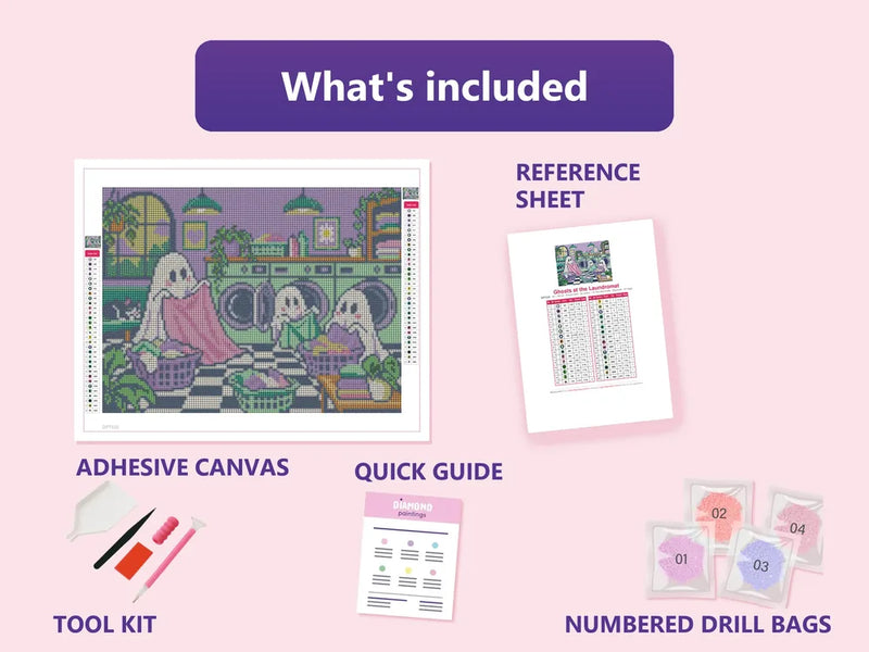 What is included in the Ghosts at the Laundromat diamond painting kit - adhesive canvas, reference sheet, tools and numbered drill bags