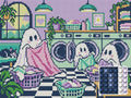 Thumbnail for Ghosts at the Laundromat, 40x30 cm diamond painting – finished design preview with a close-up of round drills
