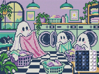 Ghosts at the Laundromat, 40x30 cm diamond painting – finished design preview with a close-up of round drills