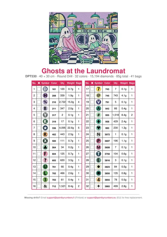 DMC color chart for Ghosts at the Laundromat diamond painting - 32 colors
