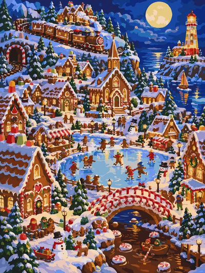 Gingerbread village winter scene paint by numbers. Skating figures, church, train and lighthouse.