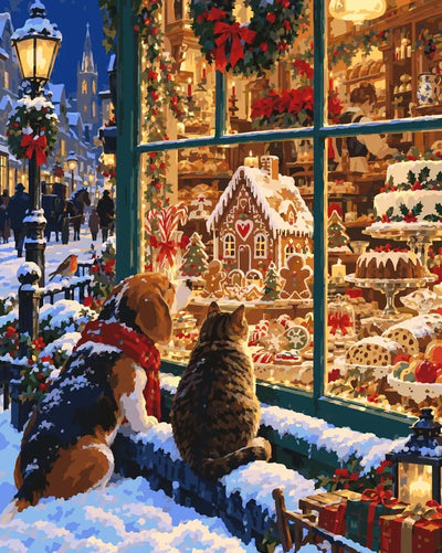 Dog and cat looking into bakery window winter scene paint by numbers.