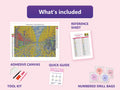 Thumbnail for What is included in the Ginkgo Avenue in Late November diamond painting kit - adhesive canvas, reference sheet, tools and numbered drill bags