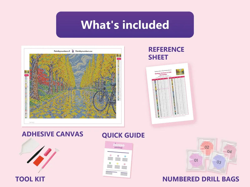 What is included in the Ginkgo Avenue in Late November diamond painting kit - adhesive canvas, reference sheet, tools and numbered drill bags