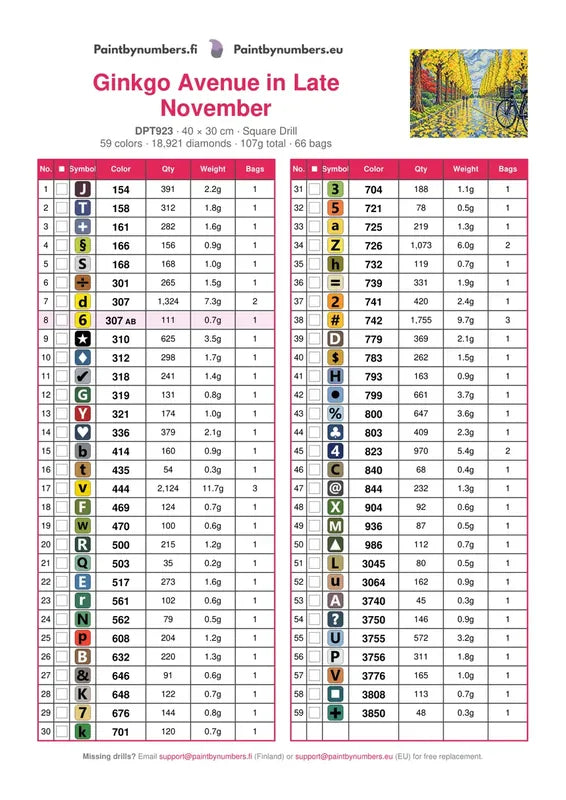 DMC color chart for Ginkgo Avenue in Late November diamond painting - 59 colors
