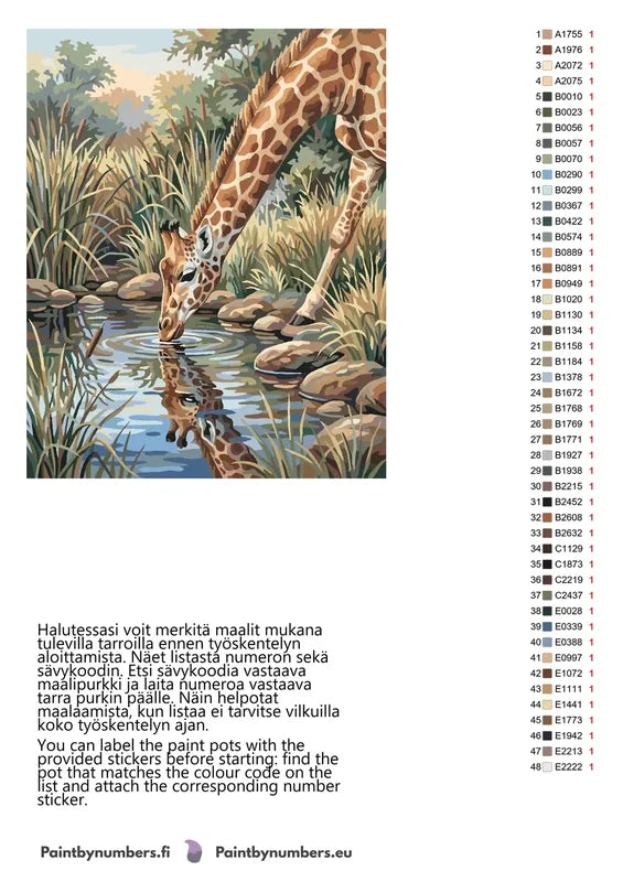 Color chart and instructions - Giraffe Drinking at Pond 40x50cm
